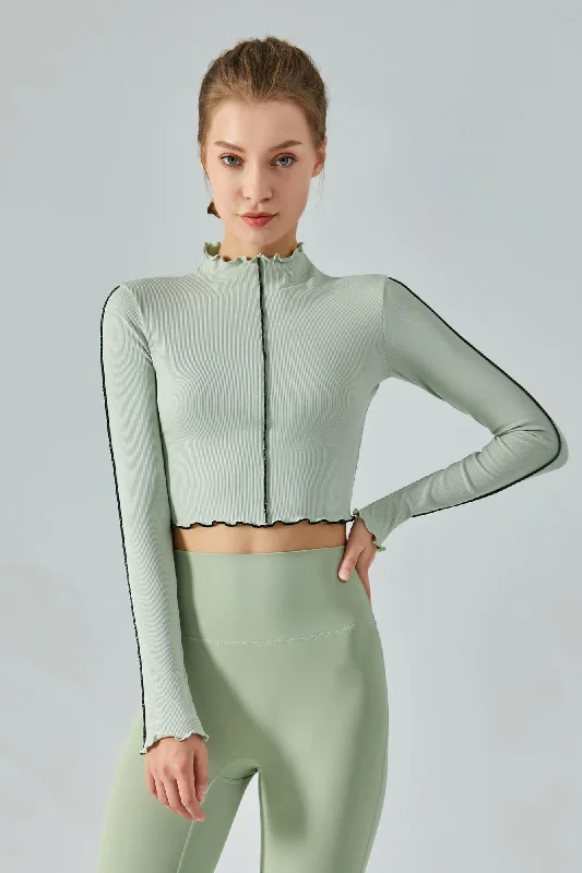 Seasonal Women's Fashion Trends Ribbed Long Sleeve Contrast Lettuce Edge Crop Top