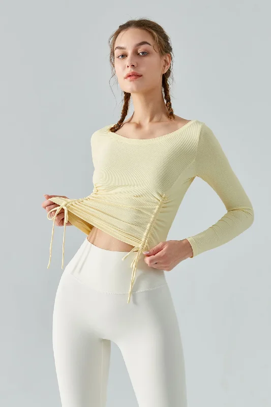 Casual Chic Ribbed Ruched Hem Crop Yoga Top with Drawstring