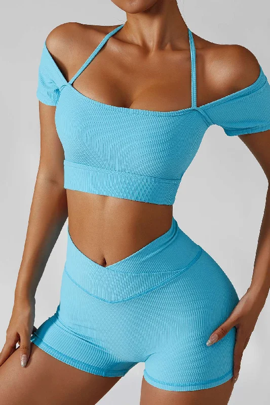 Chic Outfits Ribbed Short Sleeve Tops Built-in Bra