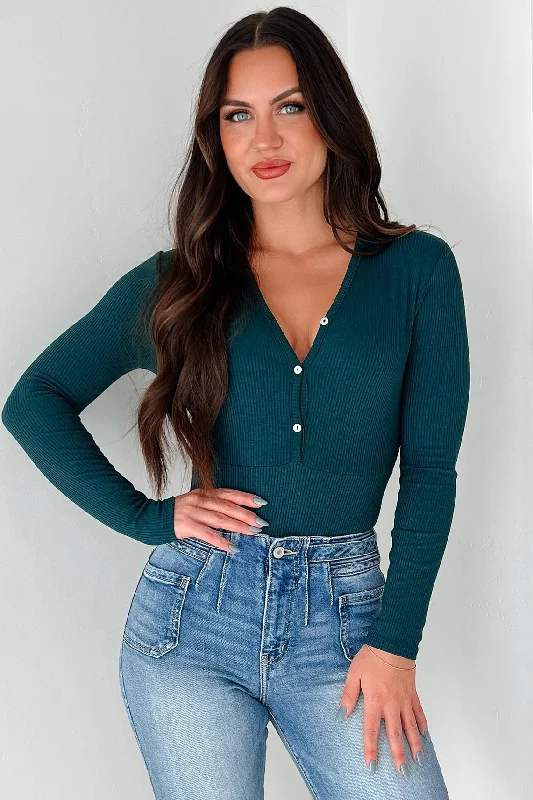 Outlet Clothing Smile Often Button Front Long Sleeve Bodysuit (Hunter Green)