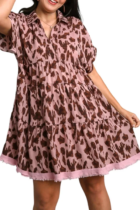 Edgy Fashion Animal Print Tiered Dress In Mauve