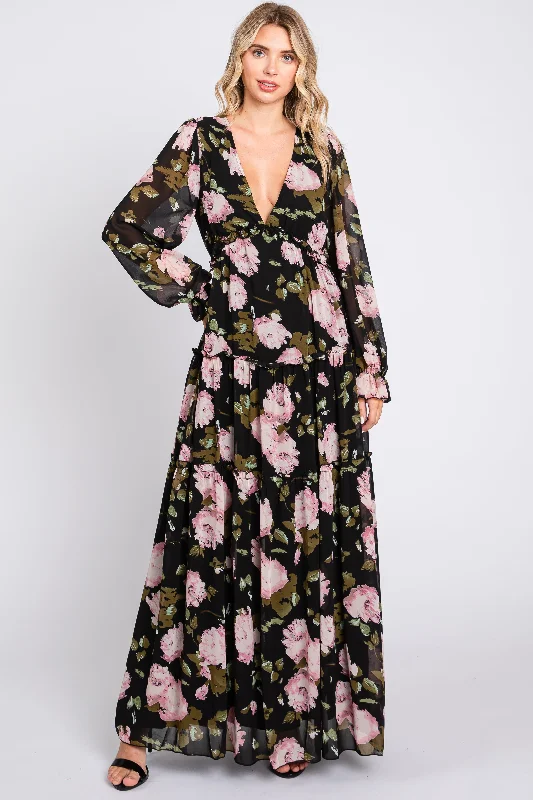 Limited Styles Black Floral Chiffon V-Neck Lettuce Edge Tiered Maxi Dress