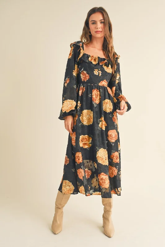 Clothes Of Woman Black Floral Jacquard Chiffon Balloon Sleeve Midi Dress