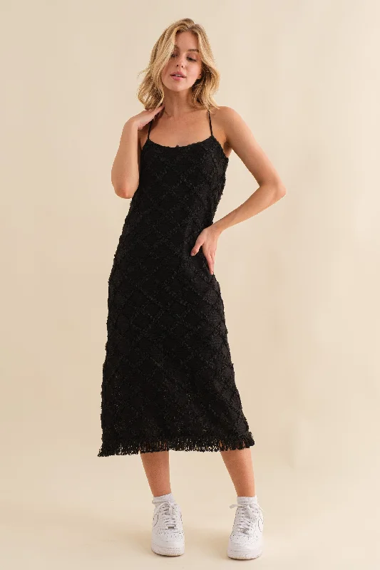 Must-Have Styles Black Fringe Mesh Midi Dress