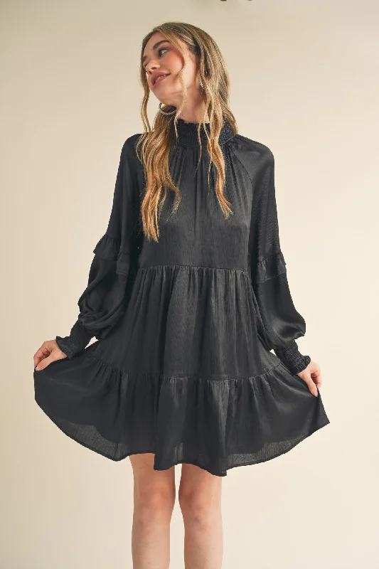 Massive Savings Black Mock Neck Tiered Mini Dress