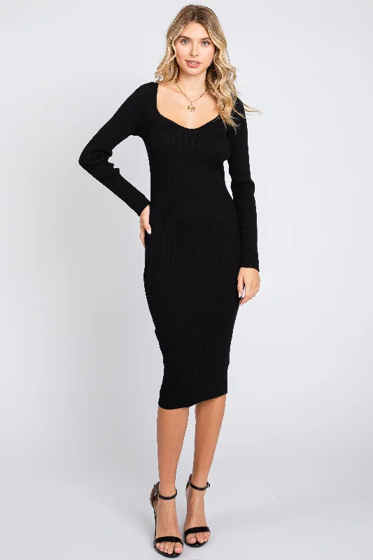 Versatile Wardrobe Essentials Black Ribbed Knit Fitted Long Sleeve Dress