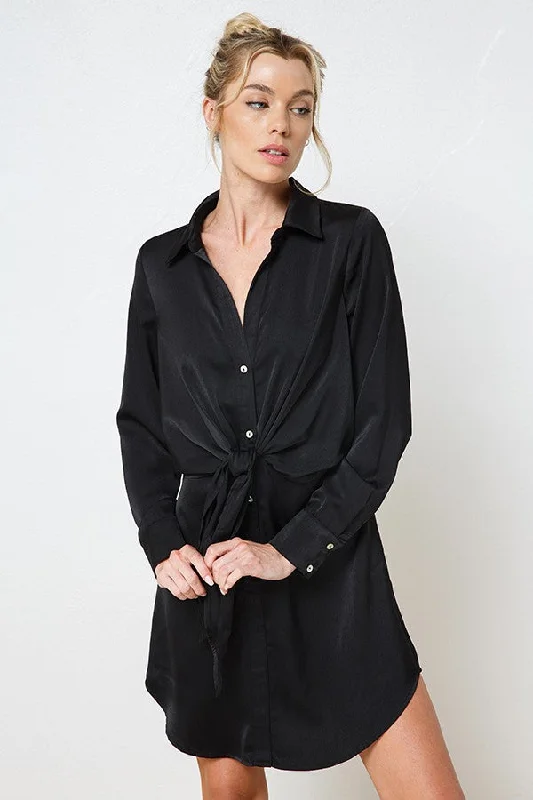 Women's Casual and Dressy Outfits Black Satin Front Tie Shirt Dress