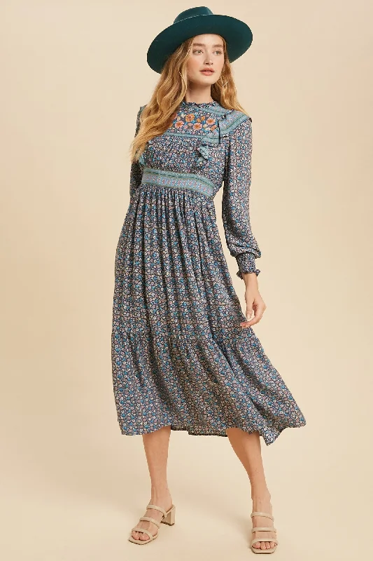 Limited Time Offer Blue Floral Boho Floral Print Ruffle Midi