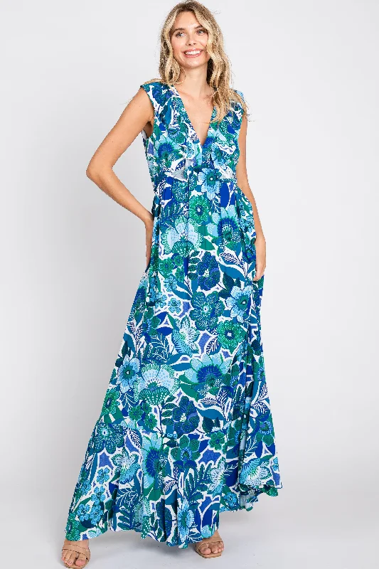 Plus Size Women's Fashion and Clothing Blue Floral Ruffle Accent Sleeveless Maxi Dress