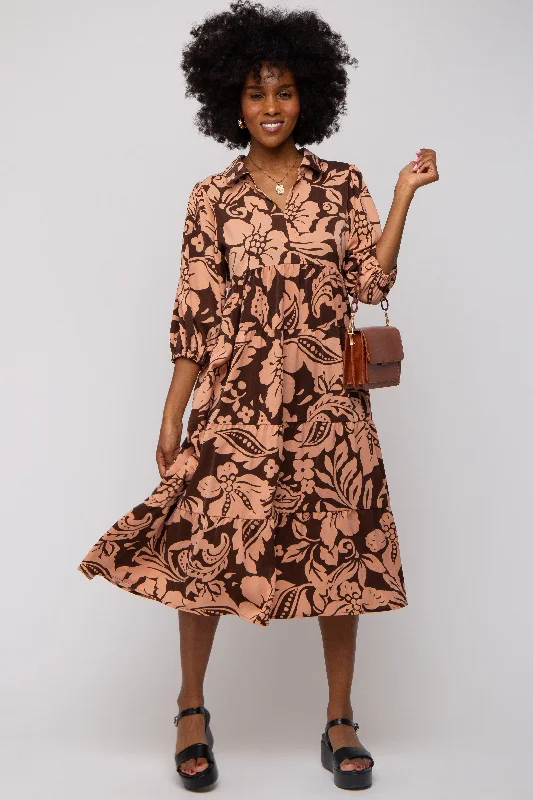 Trend Alert Brown Floral Collared Tiered Midi Dress