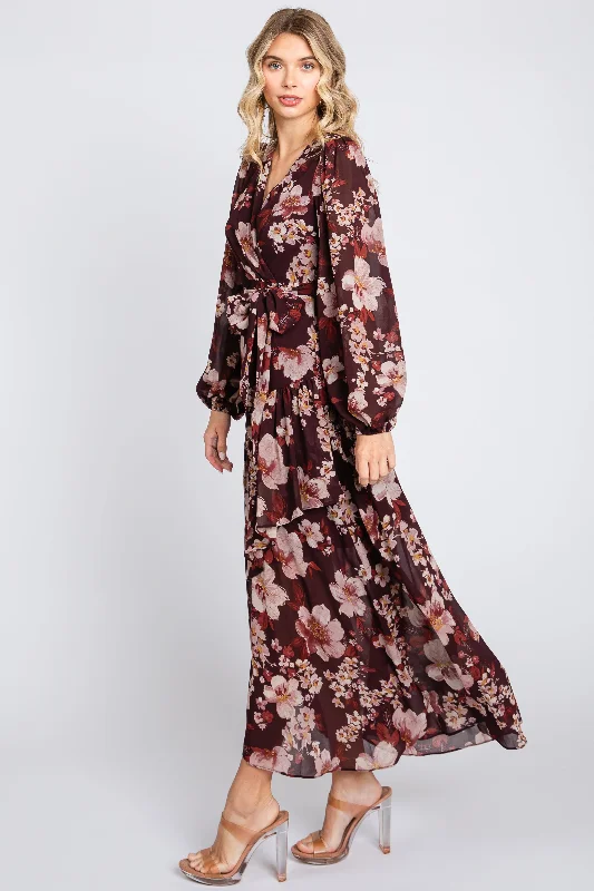 Everyday Fashion Burgundy Floral Chiffon Wrap Front Ruffle Midi Dress