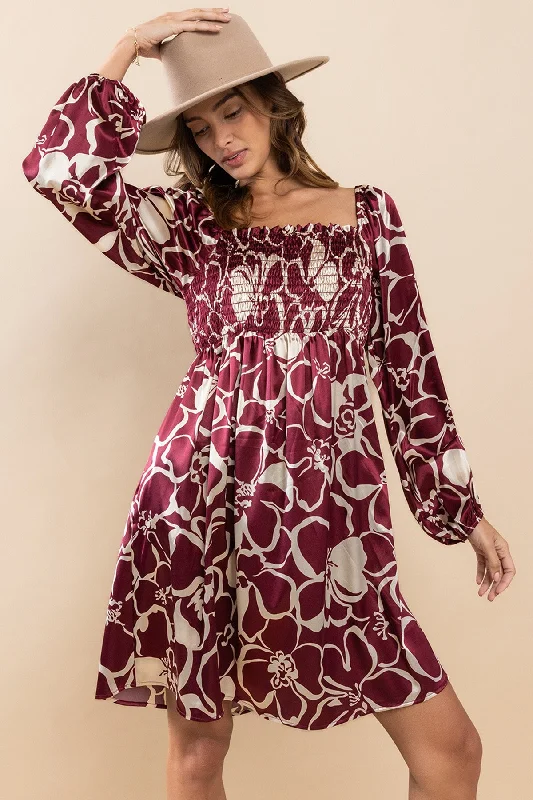 Edgy Fashion Burgundy Floral Satin Long Sleeve Dress