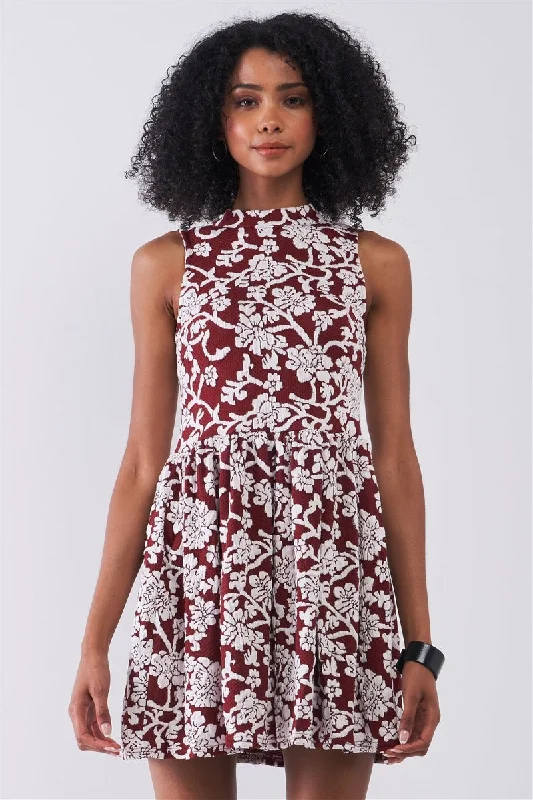 Women's Fashion Clothing Burgundy & White Floral Crew Neck Sleeveless Fitted Mini Dress