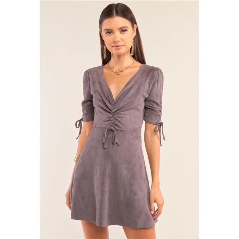 Casual Women's Clothing Online Charcoal Grey Suede Deep Plunge V-neck Gathered Detail Tight Fit Mini Dress