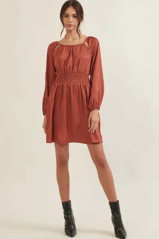 Elegant Styles Cinnamon Solid Round Neck Smock Waist Mini Dress