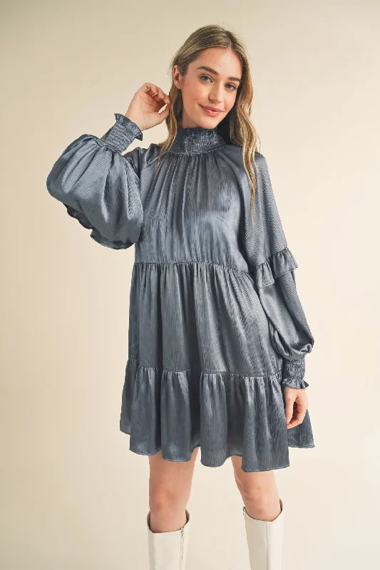 Affordable Online Boutique Dusty Denim Blue Mock Neck Tiered Mini Dress