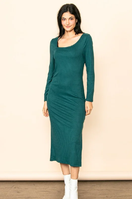 Wardrobe Refresh Forest Green Ribbed Side Slit Midi Dress