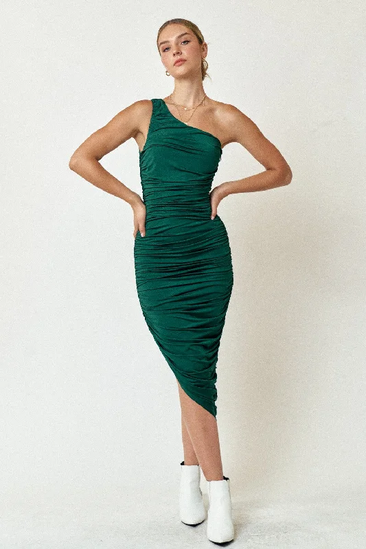 Stylish Savings Forest Green Ruched Asymmetrical Maxi Dress