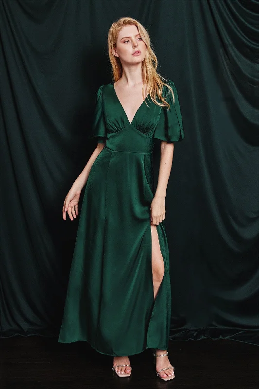 Elegant Fashion Hunter Green Satin Flutter Sleeve Plunging Maxi Dress