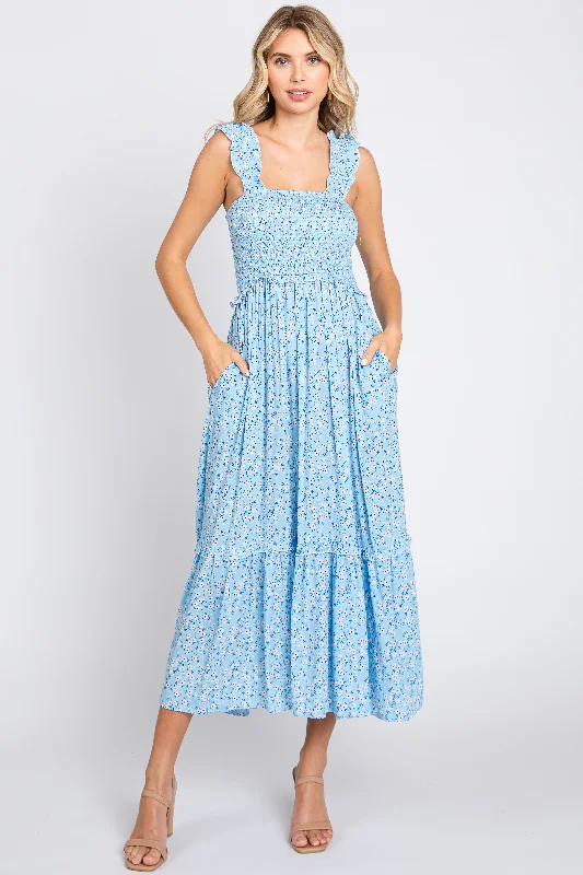 Stylish Savings Light Blue Floral Sleeveless Smocked Ruffle Midi Dress