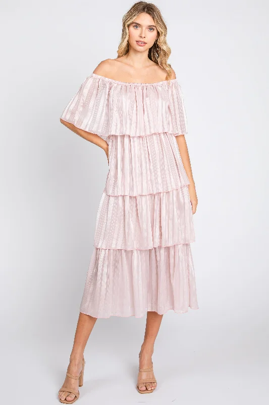 Fashion Forward Femme Light Pink Striped Layered Midi Dress