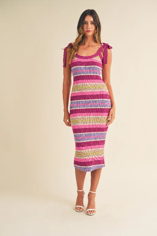 Sophisticated Style Magenta Striped Sweater Knit Shoulder Tie Midi Dress