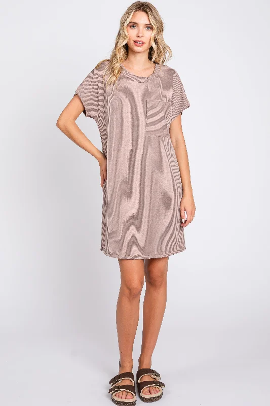 Quality Driven Apparel Mocha Ribbed Front Pocket Dolman Short Sleeve Dress