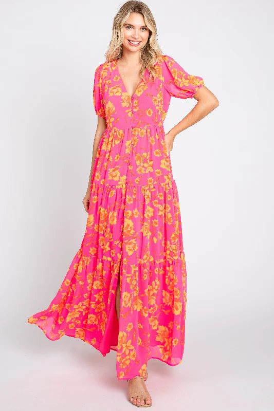 Women's Clothing Sale Online Neon Pink Floral Front Button Tiered Maxi Dress