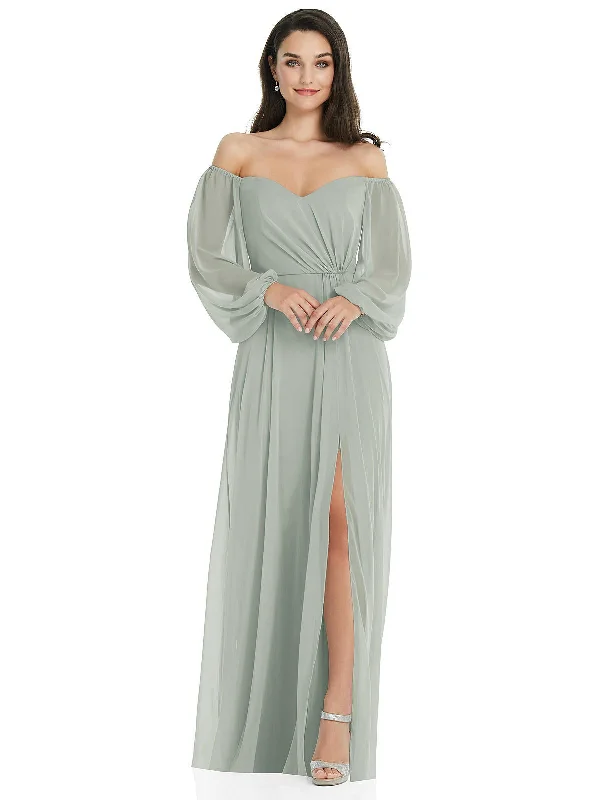 Cheap Women's Clothing Online Off-the-Shoulder Puff Sleeve Maxi Dress with Front Slit