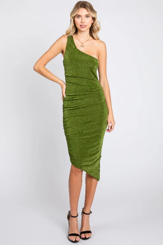 Trend Leading Collection Olive One Shoulder Asymmetrical Hem Midi Dress