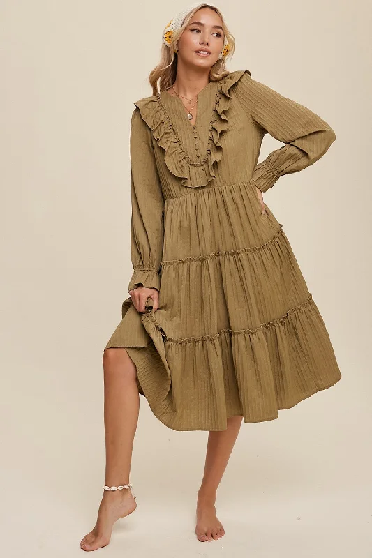 Comfort First Women's Wear Olive Ruffle Detail Tiered Long Sleeve Midi Dress