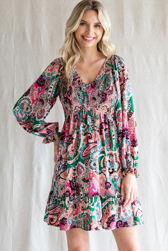 Feminine Dresses for Women in Bold Prints Pink Paisley Smocked Long Sleeve Dress