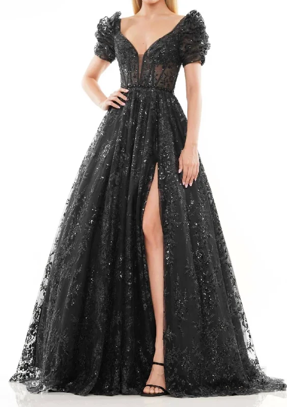 Sale For Women Plunging Neckline A-Line Gown In Black