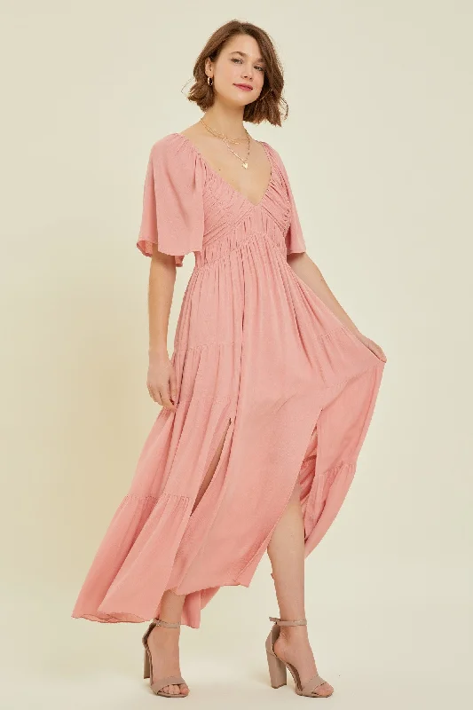 Affordable Online Boutiques Rose Smocked Gauze Tiered Ruffle Maxi Dress