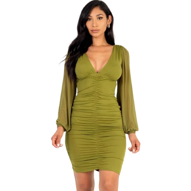 Casual Women's Clothing Ruched mesh long sleeve v-neck mini dress