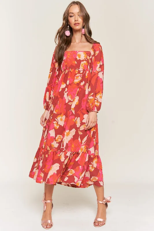 Trendy Attire For Her Rust Floral Square Neck Long Sleeve Midi Dress