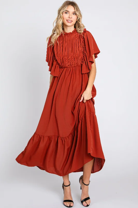 Trendsetting Threads Rust Ruffle Pleated Maxi Dress