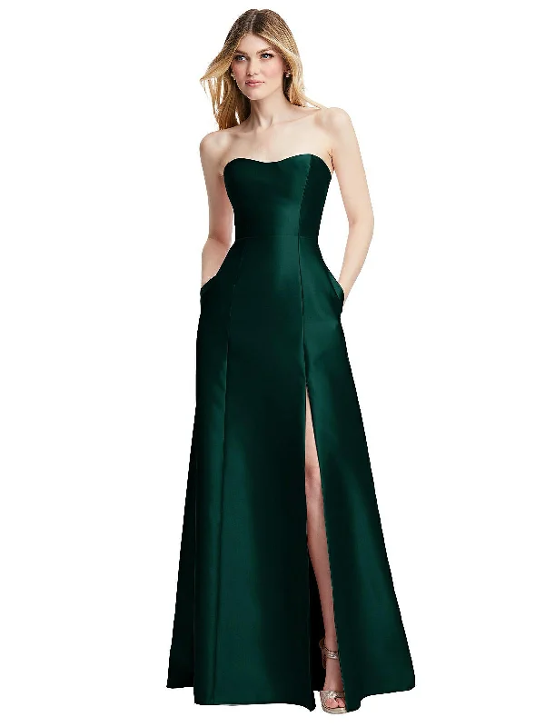 Women Wear Online Strapless A-line Satin Gown with Modern Bow Detail