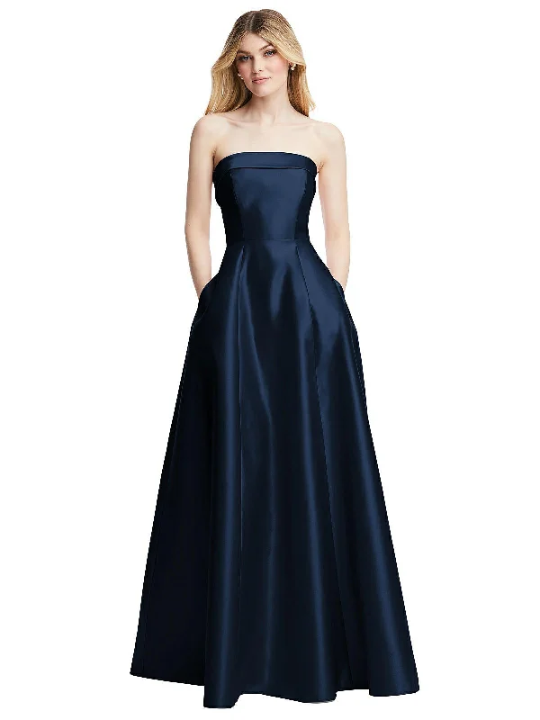 Holiday Gift Guide Sale Strapless Bias Cuff Bodice Satin Gown with Pockets