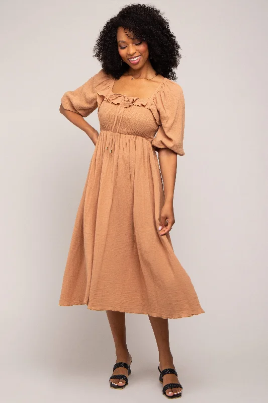 Don't Miss Out Taupe Gauze Smocked Midi Dress