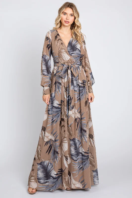 Fashion Forward Taupe Palm Print Chiffon Wrap Front V-Neck Long Sleeve Maxi Dress