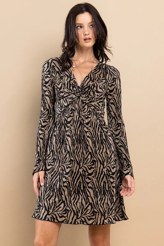 Women's Clothing Online Taupe Printed Plisse Dress