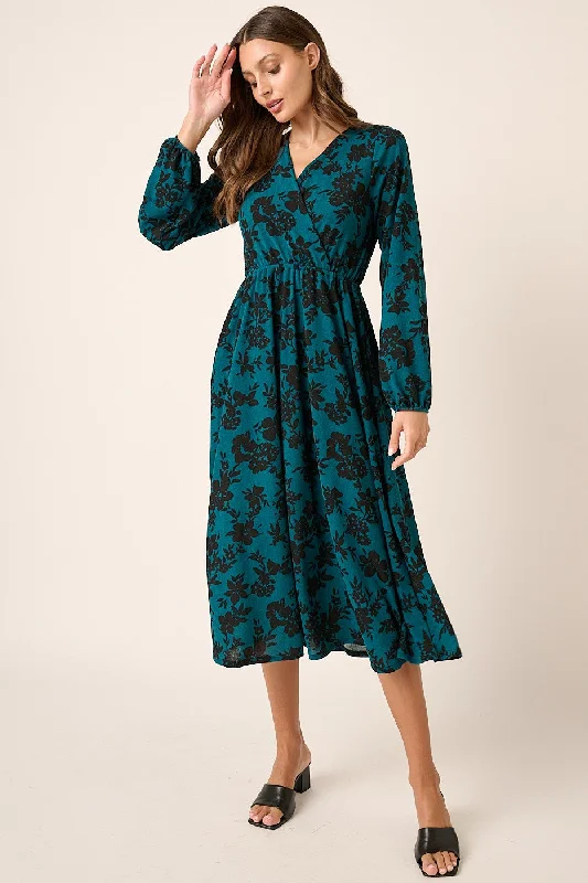 Trendy New Clothes Teal Flower Print Long Sleeve Surplice Midi Dress