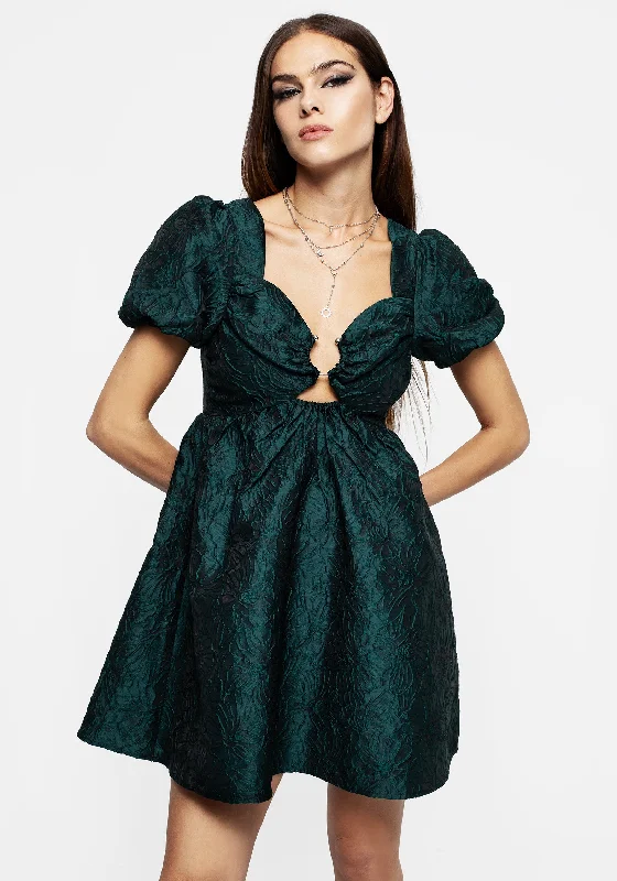 Style Redefined Tiffany Jacquard Puff Sleeve Mini Dress - Green