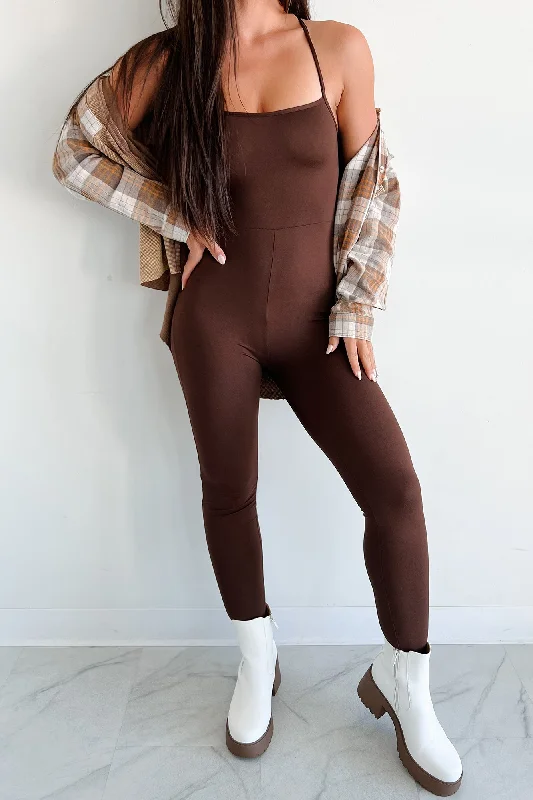 Boutique Dress Online Time To Walk Away Lace-Up Back Jumpsuit (Coffee)