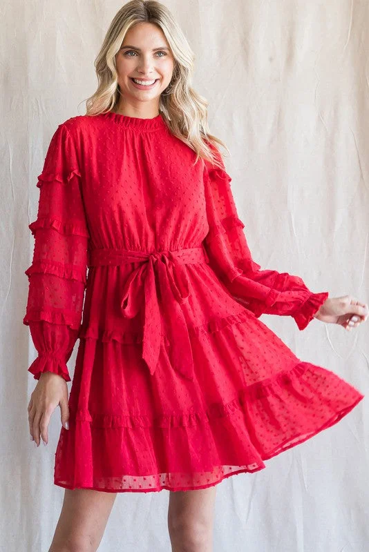 Women's Clothing for Every Occasion Tomato Red Swiss Dot Frilled Layer Dress