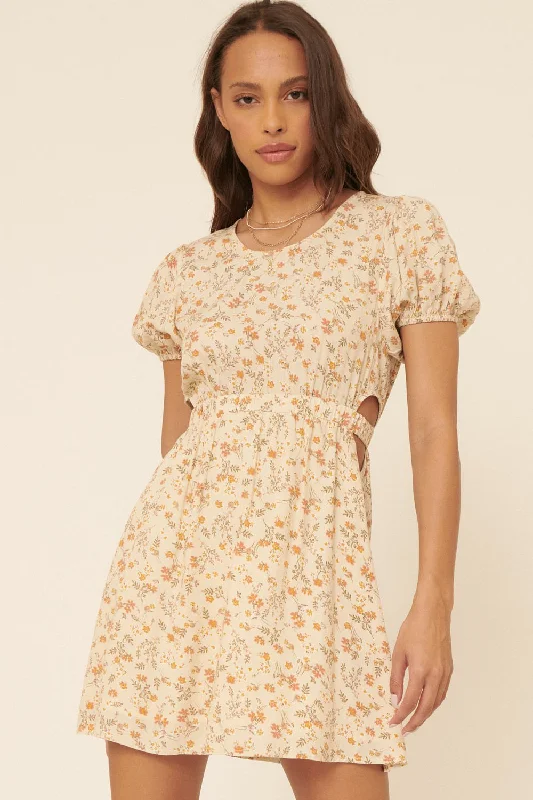 Trend Alert Vanilla Floral Round Neck Button Keyhole Back Mini Dress