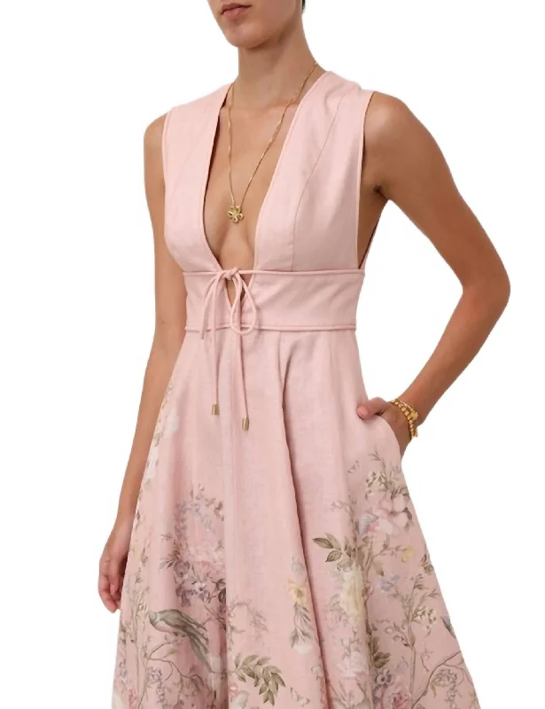 Fashion Forward Waverly Plunge Midi Dress In Pink Floral