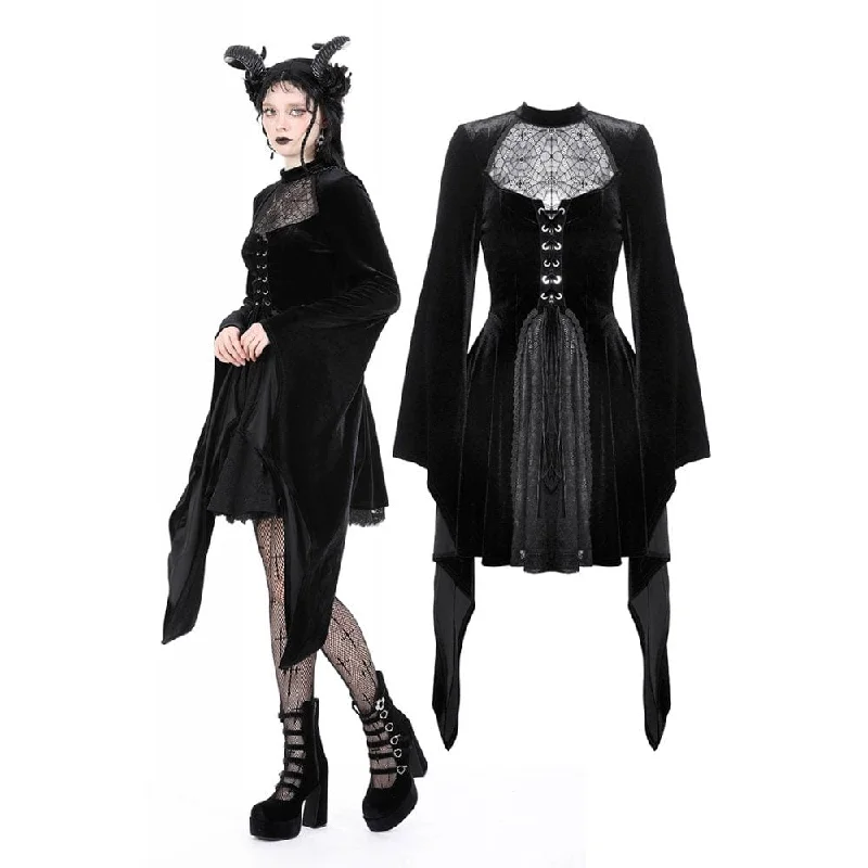 Trendy Styles Women's Gothic Flared Sleeved Spider Mesh Splice Velvet Wedding Dress