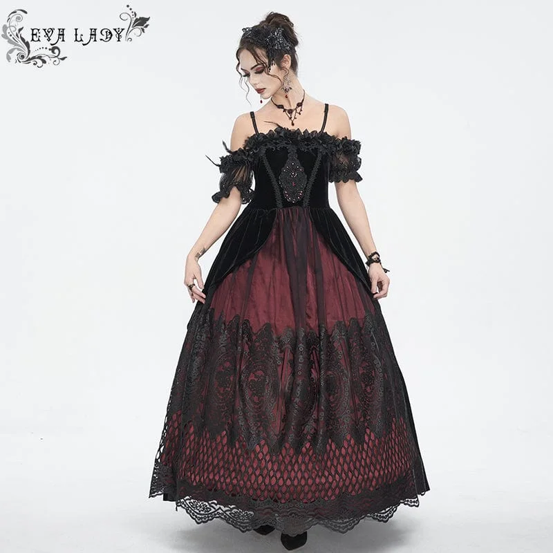 Pastel Styles Women's Gothic Off Shoulder Rose Beaded Velvet Red Dress